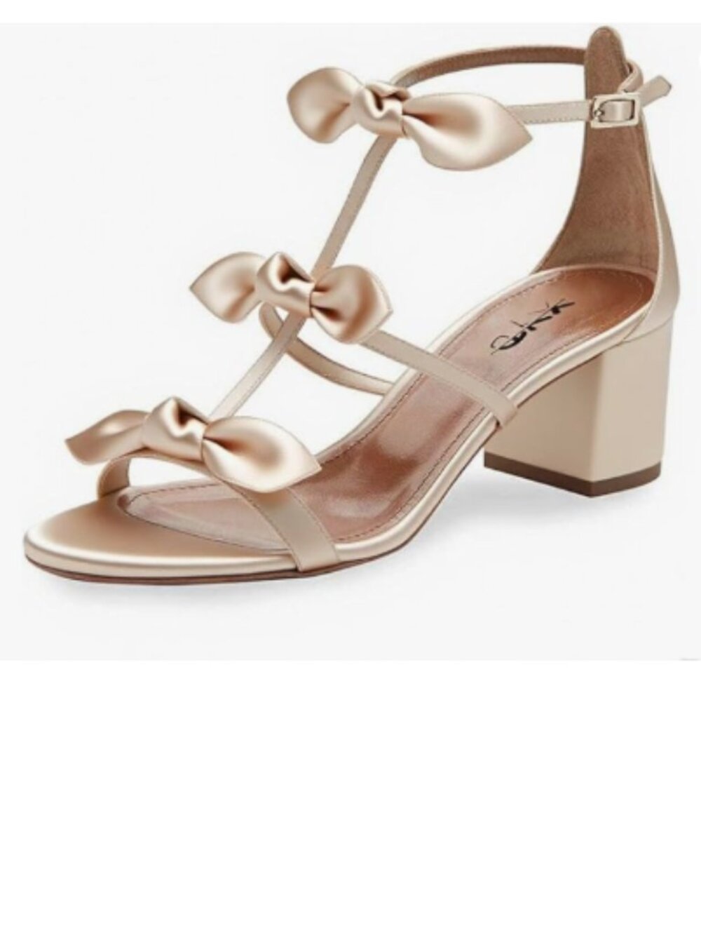 XYD Champagne Satin Chunky Heels Open Toe Multi Bows Gladiator Strappy Sandals